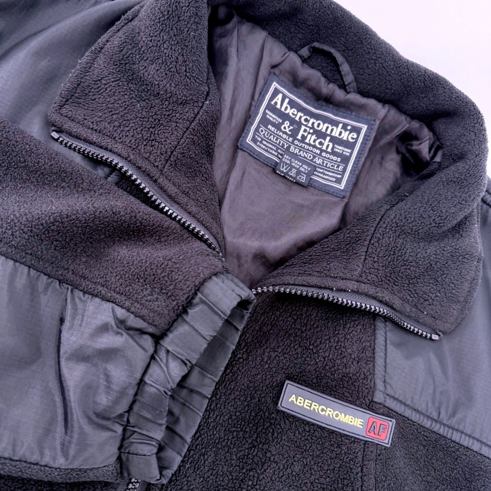 Vintage Abercrombie Fitch Men Fleece Jacket Med Black Full Zip Outdoor Deep Pile